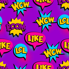 Pop Art seamless pattern comic text wow lol