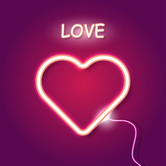 Red neon heart on purple background, vector illustration