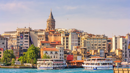 Summer city landscape - view of the district of Beyoglu and historical Galata (Karakoy) quarter,...