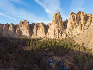 Rocks in a beautifully beautiful desert canyon. Smith Rock State Park National Park. Oregon State. Top view