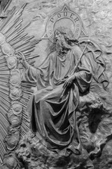 Fototapeta na wymiar ZARAGOZA, SPAIN - MARCH 3, 2018: The polychome carved relief of Coronation of Virgin Mary in church Basílica de Santa Engracia from, 19. cent..