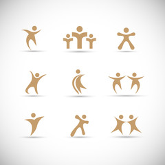 Abstract People Logo Set. Human Figure Isolated On Gray Background. Icons Collection For Human Success, Celebration Logo, Achievement Symbol And Activity. Different Happy People. Figure Logo, Vector
