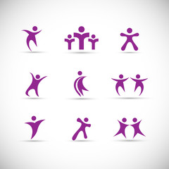 Abstract People Logo Set. Human Figure Isolated On Gray Background. Icons Collection For Human Success, Celebration Logo, Achievement Symbol And Activity. Different Happy People. Figure Logo, Vector