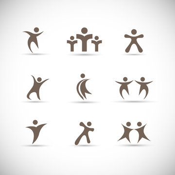 Abstract People Logo Set. Human Figure Isolated On Gray Background. Icons Collection For Human Success, Celebration Logo, Achievement Symbol And Activity. Different Happy People. Figure Logo, Vector