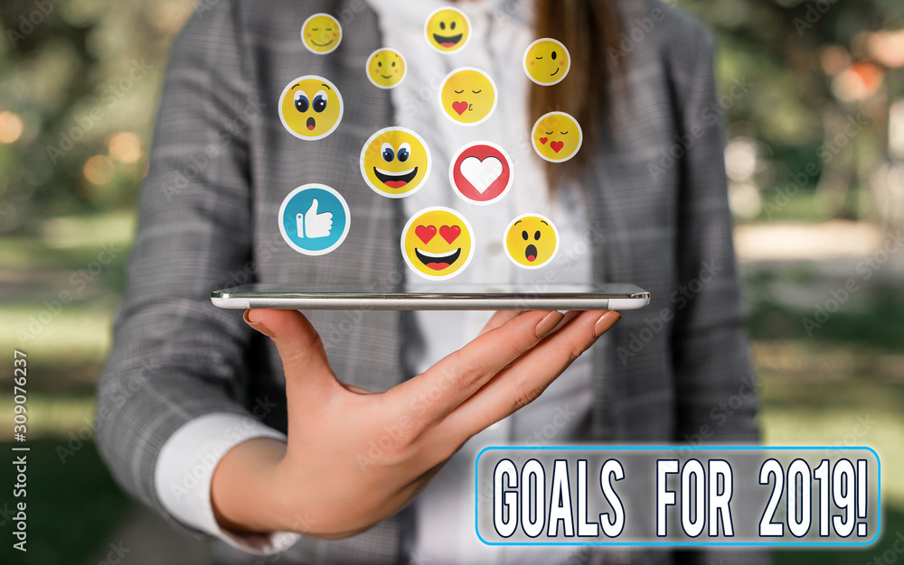 Aufkleber writing note showing goals for 2019. business concept for object of demonstratings ambition or effor
