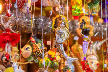 View of the Christmas decorations closeup on the Christmas Market (Weihnachtsmarkt) in the city of Vienna, Austria
