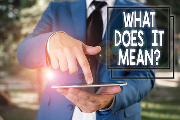 Conceptual hand writing showing What Does It Mean question. Concept meaning intended to communicate unclear statement Businessman in blue suite with a tie holds lap top in hands