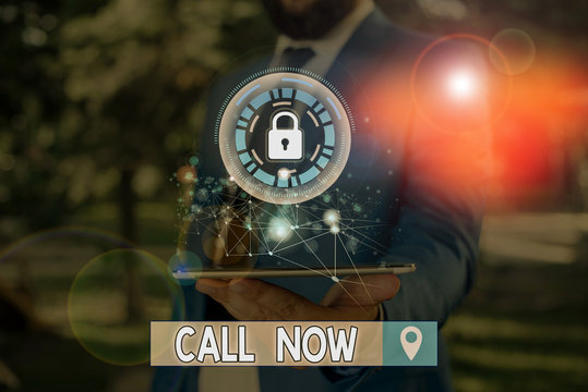 Writing note showing Call Now. Business concept for To immediately contact a demonstrating using telecom devices with accuracy