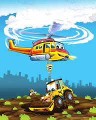 Obraz na płótnie Canvas cartoon scene with industry car excavator digger on construction site and flying helicopter - illustration for children