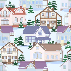 Naklejka premium Vector seamless pattern of suburban family houses and fir trees.