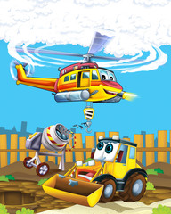 cartoon scene with industry car excavator digger on construction site and flying helicopter - illustration for children