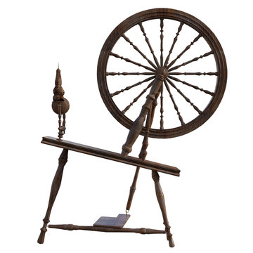 Old vintage spinning wheel isolated on white, 3d render.