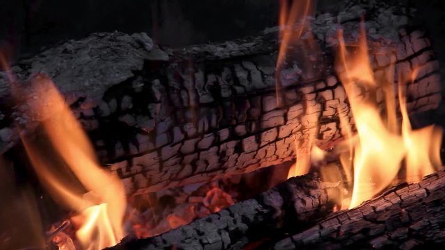 Charred logs in a campfire are burning with colorful warm flames in this seamless video loop