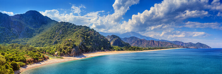 Summer mediterranean coastal landscape - view of the Cirali Olympos Beach, near the Turkish village of Cıralı, Antalya Province in Turkey