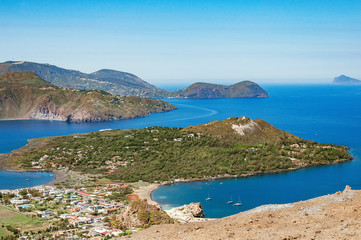 View of Lipari volcanic islands at hot day time. Italy.