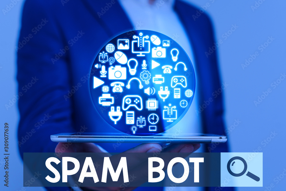 Poster word writing text spam bot. business photo showcasing autonomous program on the internet that sends 