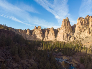 Rocks in a beautifully beautiful desert canyon. Smith Rock State Park National Park. Oregon State. Top view