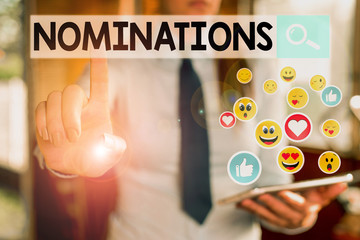 Handwriting text Nominations. Conceptual photo the act of officially suggesting someone for a job...