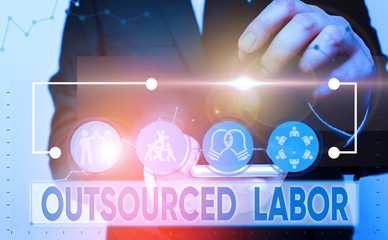 Text sign showing Outsourced Labor. Business photo showcasing jobs handled or getting done by external workforce