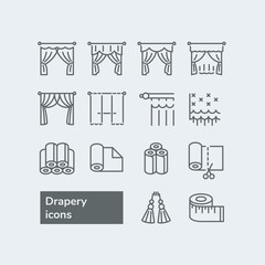 Elements for drapery and curtain shop. Vector line icons with drapes. Different styles of draperies, curtains and tulle.