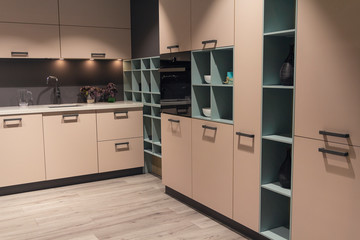 Modern kitchen with beige kitchen cabinets. Interior