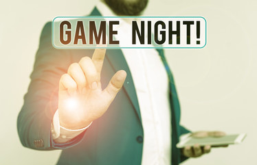Conceptual hand writing showing Game Night. Concept meaning usually its called on adult play dates...