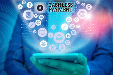 Writing note showing Cashless Payment. Business concept for transaction will be through electronic...