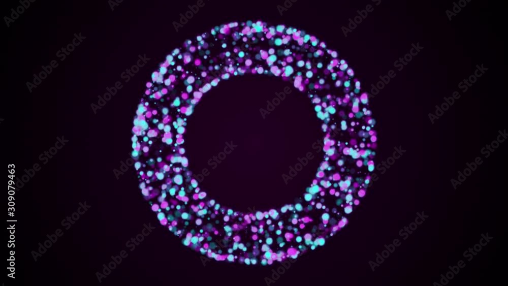 Poster circle of many flashing colored particles, computer generated. 3d rendering of art background