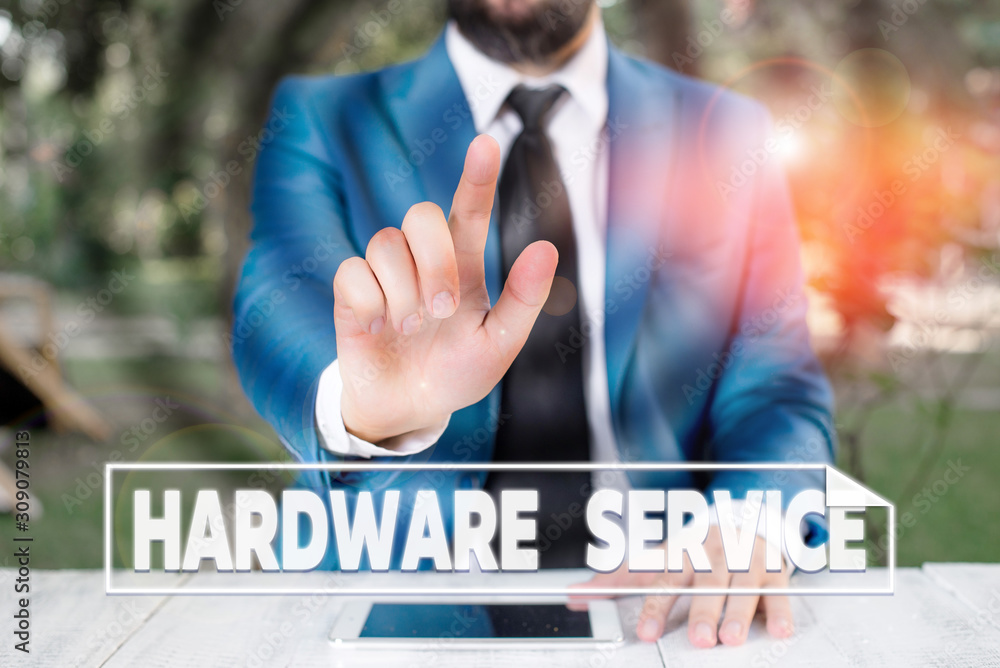 Poster writing note showing hardware service. business concept for act of supporting and maintaining comput