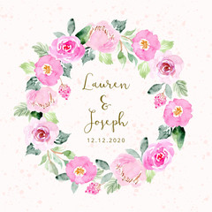Fototapeta na wymiar wedding badge with pink floral watercolor wreath