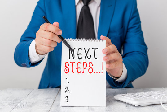 Text sign showing Next Steps. Business photo showcasing something you do after you have finished doing first one Man holds empty paper with copy space in front of him Copy Space