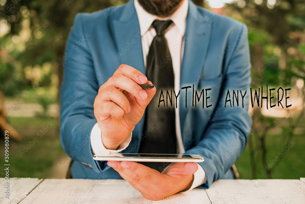 Poster writing note showing anytime anywhere. business concept for saying that you can do something at ever