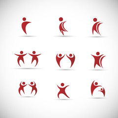 Abstract People Logo Set. Human Figure Isolated On Gray Background. Icons Collection For Human Success, Celebration Logo, Achievement Symbol And Activity. Different Happy People. Figure Logo, Vector