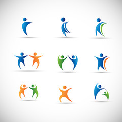 Abstract People Logo Set. Human Figure Isolated On Gray Background. Icons Collection For Human Success, Celebration Logo, Achievement Symbol And Activity. Different Happy People. Figure Logo, Vector