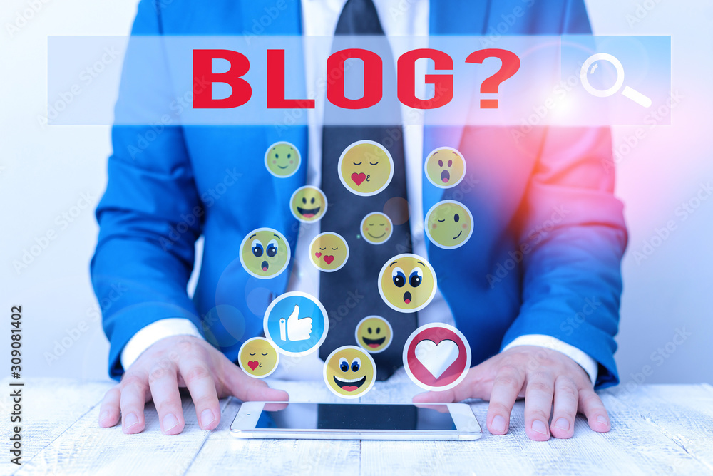 Poster text sign showing blogquestion. business photo showcasing regularly updated website web page run by 