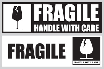 Fragile, Handle with Care or Package Label stickers set. Black and white colour set. Banner format.