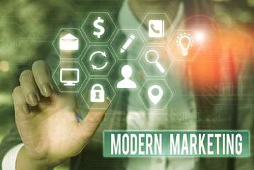 Conceptual hand writing showing Modern Marketing. Concept meaning methodology that connects brands...