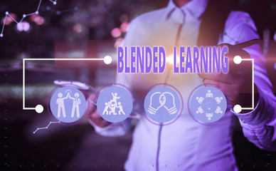 Writing note showing Blended Learning. Business concept for combines traditional classroom lessons...