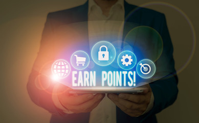 Text sign showing Earn Points. Business photo showcasing collecting scores in order qualify to win big prize