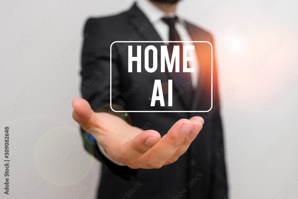 Poster writing note showing home ai. business concept for home solution that enables automating the bulk of