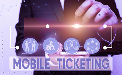 Text sign showing Mobile Ticketing. Business photo showcasing tickets arrive as a text message with a special barcode