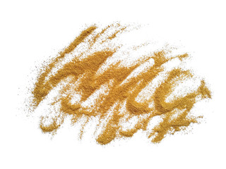 Pile of wood shavings and wood powder isolated on white background. Wood sawdust on white...