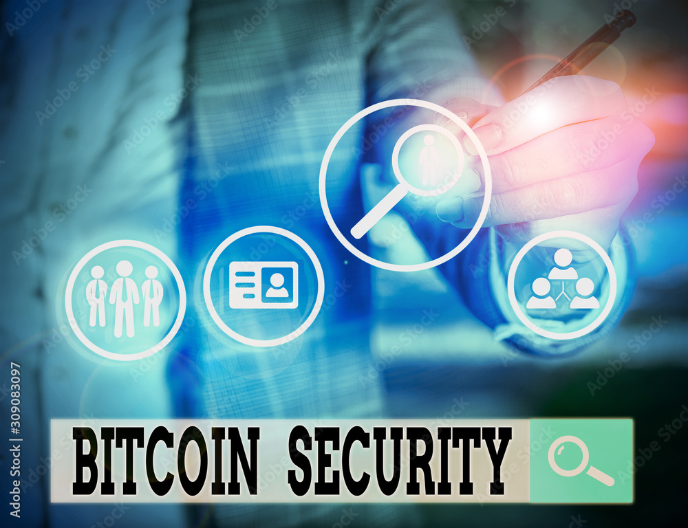Poster writing note showing bitcoin security. business concept for funds are locked in a public key cryptog