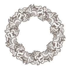 Vector vintage element, round frame for design template. Lux ornament in Victorian style, damascus. Premium floral illustration. Ornate decor, border for invitation, card, logo, label, badge, tatoo