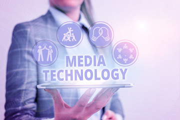 Conceptual hand writing showing Media Technology. Concept meaning process of huanalysis origin that...