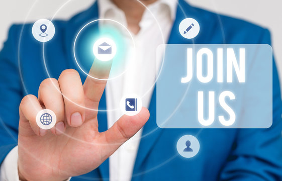Word writing text Join Us. Business photo showcasing Register in community Team or blog Sign up at social media