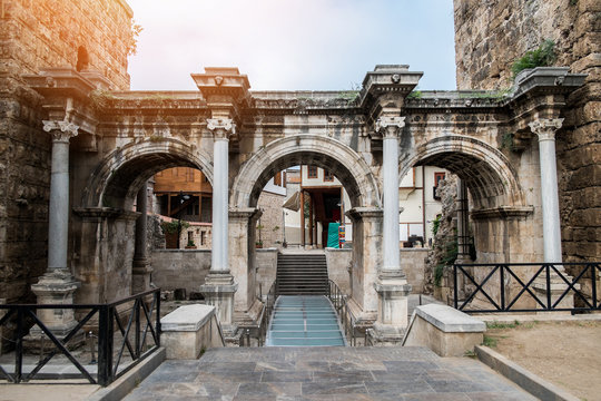 Resort city Antalya turkey travel famous landmark - arch walkway architecture view of Hadrian's Gate in old city