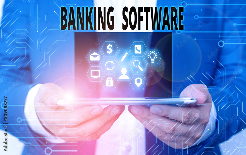Poster word writing text banking software. business photo showcasing typically refers to core banking softw