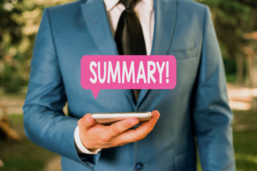 Text sign showing Summary. Business photo text a brief statement or account of the main points of...