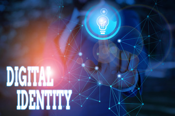 Writing note showing Digital Identity. Business concept for networked identity adopted or claimed in cyberspace